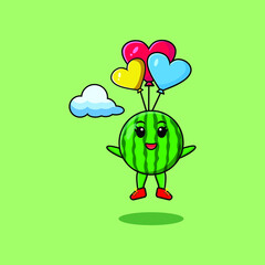 Cute cartoon Watermelon mascot is skydiving with balloon and happy gesture cute modern style design 