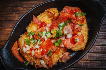 Meat stew with baked potatoes- hunter style. Fastfood- restaurant concept