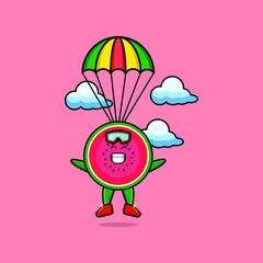 Cute mascot cartoon Watermelon is skydiving with parachute and happy gesture cute modern style design