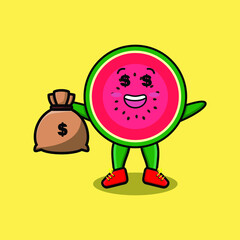 Cute cartoon Crazy rich watermelon with money bag shaped funny in modern design