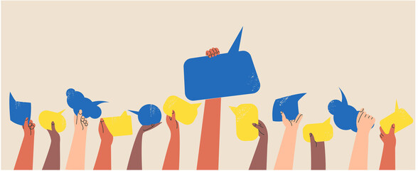 People's hands exchange ideas and holding speech bubble with supporting vote. Team cooperation and communication banner template. Diversity multicultural group with message cartoon vector illustration