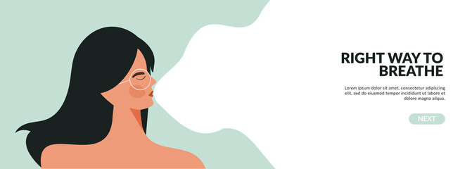 Calm breathing woman with closed eyes Wellness female character practice deep breathing. Young modern girl doing inhale exhale breath exercise for stress relief. Flat vector illustration for banner - obrazy, fototapety, plakaty