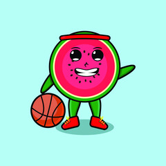 Cute cartoon watermelon character playing basketball 