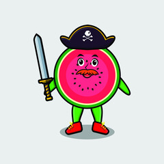 Cute cartoon mascot character watermelon pirate with hat and holding sword in modern design