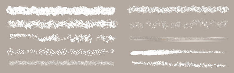White paint stroke set or brush stripe trace vector illustration. Inky brushstroke grunge texture. Scribble isolated element for fabric print. Handdrawn horizontal acrylic pencil gouache dab