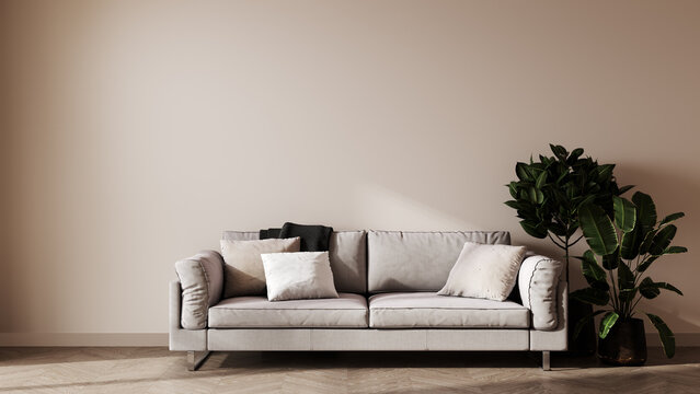 Scandinavian style living room interior mock up, modern living room interior background, beige sofa and plant, 3d rendering