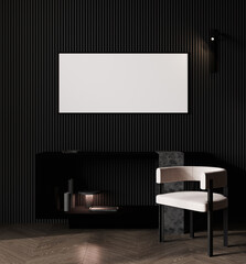 Picture mockup with horizontal frame on dark wall. Stylish dark interior with armchair and black cupboard and decoration. Poster mockup. 3D illustration.
