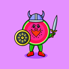 Cute cartoon character Watermelon viking pirate with hat and holding sword and shield in cute modern style design