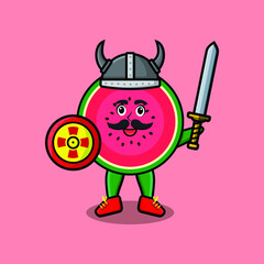 Cute cartoon character Watermelon viking pirate with hat and holding sword and shield in cute modern style design