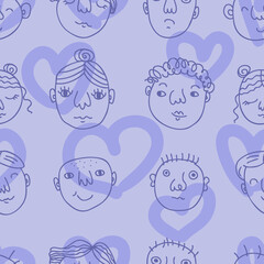 Doodle seamless pattern with peoples faces and hearts. Perfect for T-shirt, textile and print. Hand drawn vector illustration for decor and design.