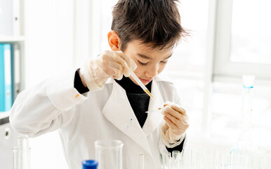 School boy in chemistry class