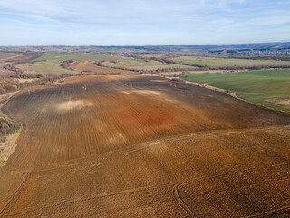 Obraz premium Aerial view of Sakar Mountain near town of Topolovgrad, Bulgaria
