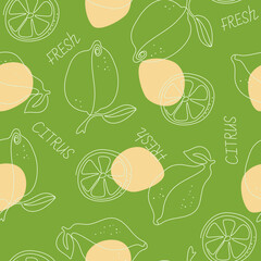 Vector seamless pattern. Drawings lemons line art with inscriptions. Green isolated background.