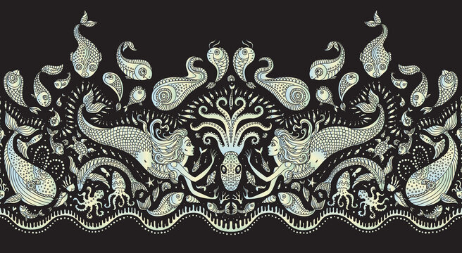 Seamless pearl border pattern. Fantasy mermaid, octopus, fish, sea animals blue and green silhouette thin line drawing with ornaments on a black background