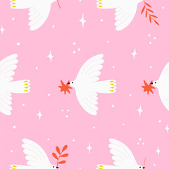 Seamless pattern with dove and branch. Background with message no war, world peace and peace day. Vector illustration for fabric, wallpaper, wrapping paper, textile.
