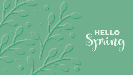 Simple green background with pattern of branches and leaves of plants and spring banner.
