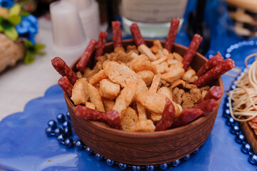Slicing different types of meat. Meat snacks on the table. wedding buffet. Catering