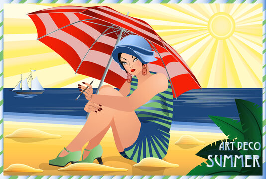 Summer flapper girl in beach, art deco card, vector illustration
