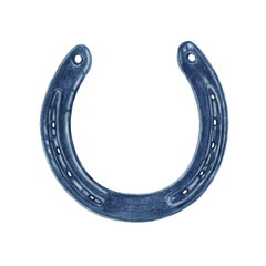 An isolated watercolor artistic hand drawn image of a blue horseshoe with a real aquarelle paper texture on a white background as an element for design of texts, labels, greeting and invitation cards