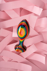 Adult sex toys. Multicolored anal plug. Brilliant sex toy for BDSM Space for text Anal dildo Butt...