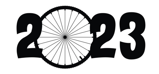 Happy new year 2023. Cartoon cycling wheels line pattern. Sport icon. Cyclist wheel logo or pictogram. Cycling or bike rims symbol