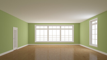 Green Walls Interior. Concept of an Empty Room with a Light Parquet Floor, Plinth with a Large Full Wall Window, a White Door and a Window Opposite. 3D render with a Work Path on Windows, 7680x4320