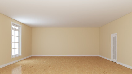 Beige Walls Empty Room. Interior Concept with a Window and a White Door. Light Glossy Parquet and a White Plinth. Perspective View. High Quality 3D Rendering with a Work Path on Window. 8K Ultra HD