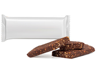 Cut fitness cereal bar from dried dates, lemon, apple, in a package