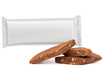 Cut fitness cereal bar from dried dates, lemon, apple, in a package