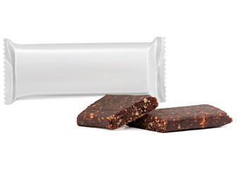 Cut fitness cereal bar from dried dates, lemon, apple, in a package