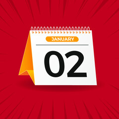 White and yellow calendar on red background. January 2th. Vector. 3D illustration.