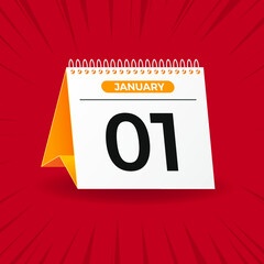 White and yellow calendar on red background. January 1th. Vector. 3D illustration.