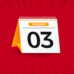 White and yellow calendar on red background. January 3th. Vector. 3D illustration.
