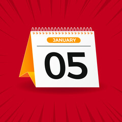 White and yellow calendar on red background. January 5th. Vector. 3D illustration.