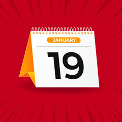 White and yellow calendar on red background. January 19th. Vector. 3D illustration.