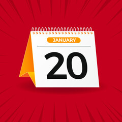 White and yellow calendar on red background. January 20th. Vector. 3D illustration.