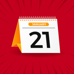 White and yellow calendar on red background. January 21th. Vector. 3D illustration.