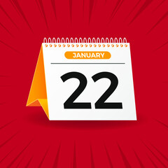 White and yellow calendar on red background. January 22th. Vector. 3D illustration.