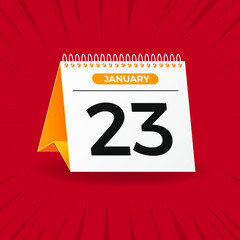 White and yellow calendar on red background. January 23th. Vector. 3D illustration.