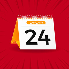 White and yellow calendar on red background. January 24th. Vector. 3D illustration.