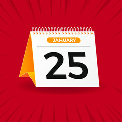 White and yellow calendar on red background. January 25th. Vector. 3D illustration.
