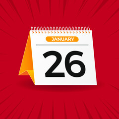 White and yellow calendar on red background. January 26th. Vector. 3D illustration.