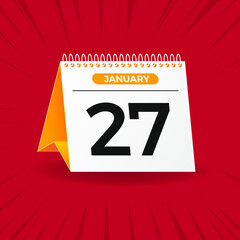 White and yellow calendar on red background. January 27th. Vector. 3D illustration.
