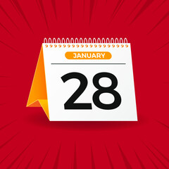 White and yellow calendar on red background. January 28th. Vector. 3D illustration.