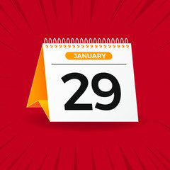 White and yellow calendar on red background. January 29th. Vector. 3D illustration.