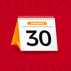 White and yellow calendar on red background. January 30th. Vector. 3D illustration.