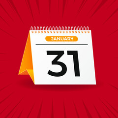 White and yellow calendar on red background. January 31th. Vector. 3D illustration.