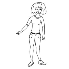 Cute cartoon hand drawn doodle sporty woman standing and pointing. 