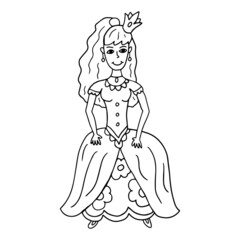 Fototapeta premium Doodle happy fairy princess isolated on white background. Beautiful historical dress. Young lady with crown.