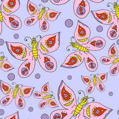 Cartoon doodle butterfly seamless pattern. Happy messy summer insect background.